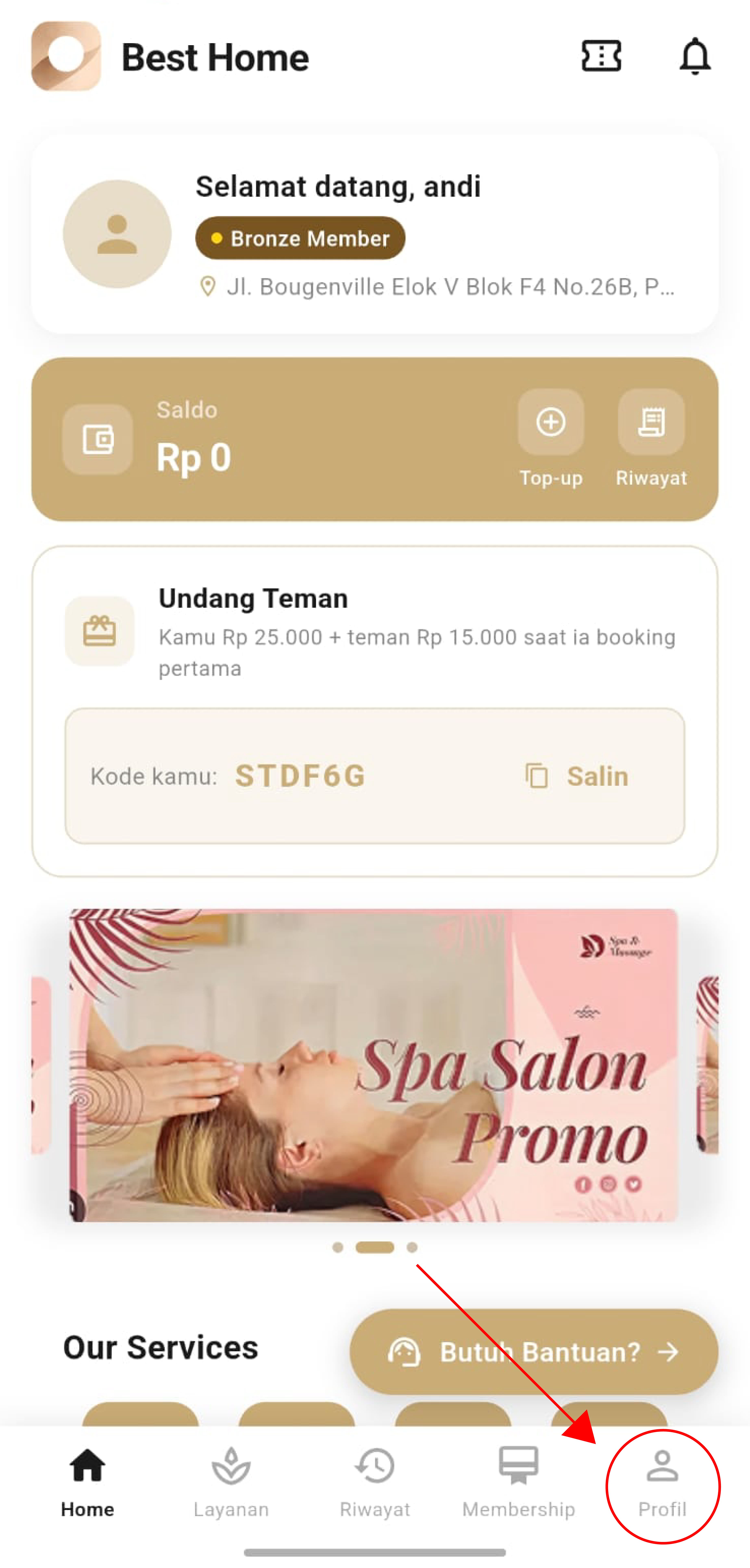 Halaman Home — ketuk tab Profil