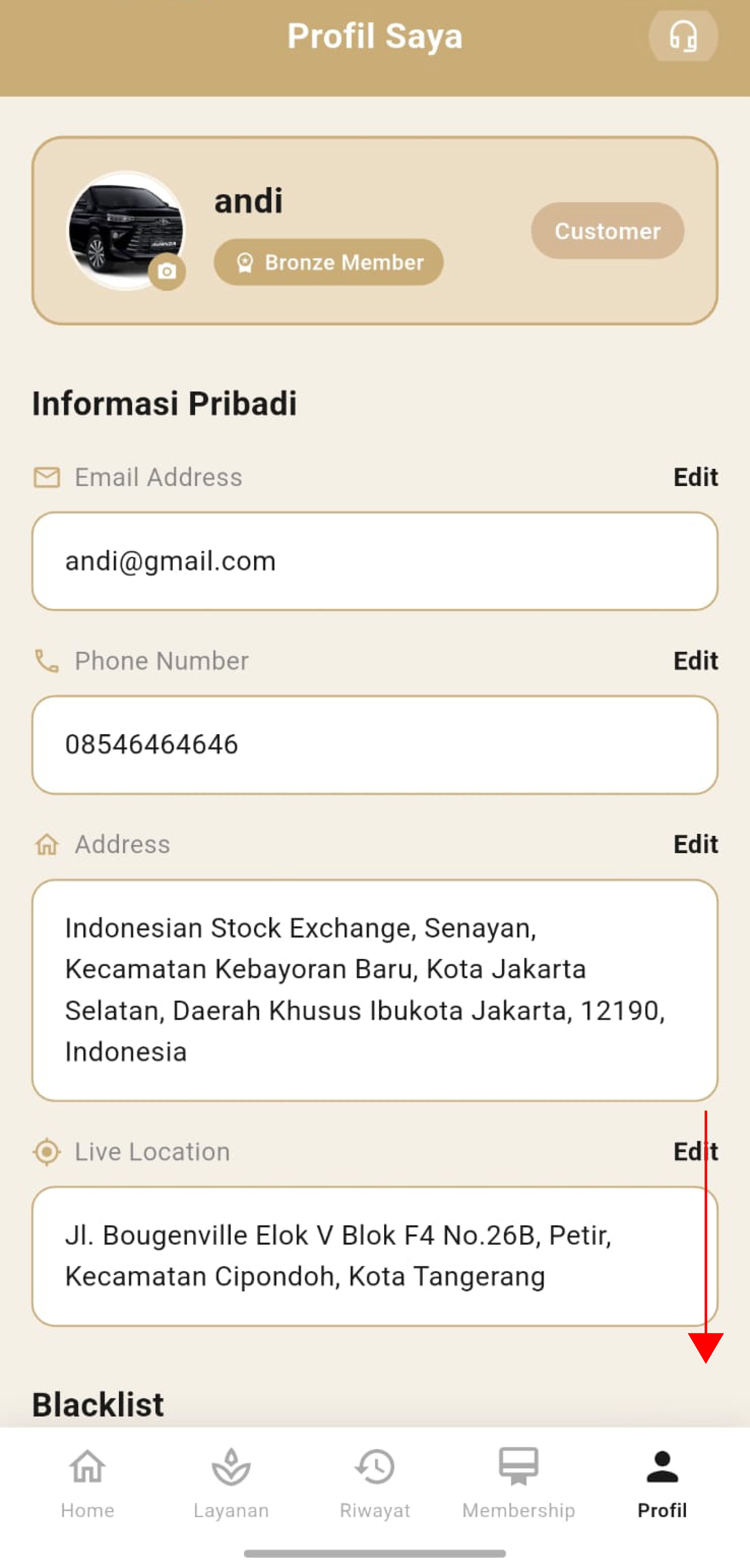 Halaman Profil Saya — gulir ke bawah