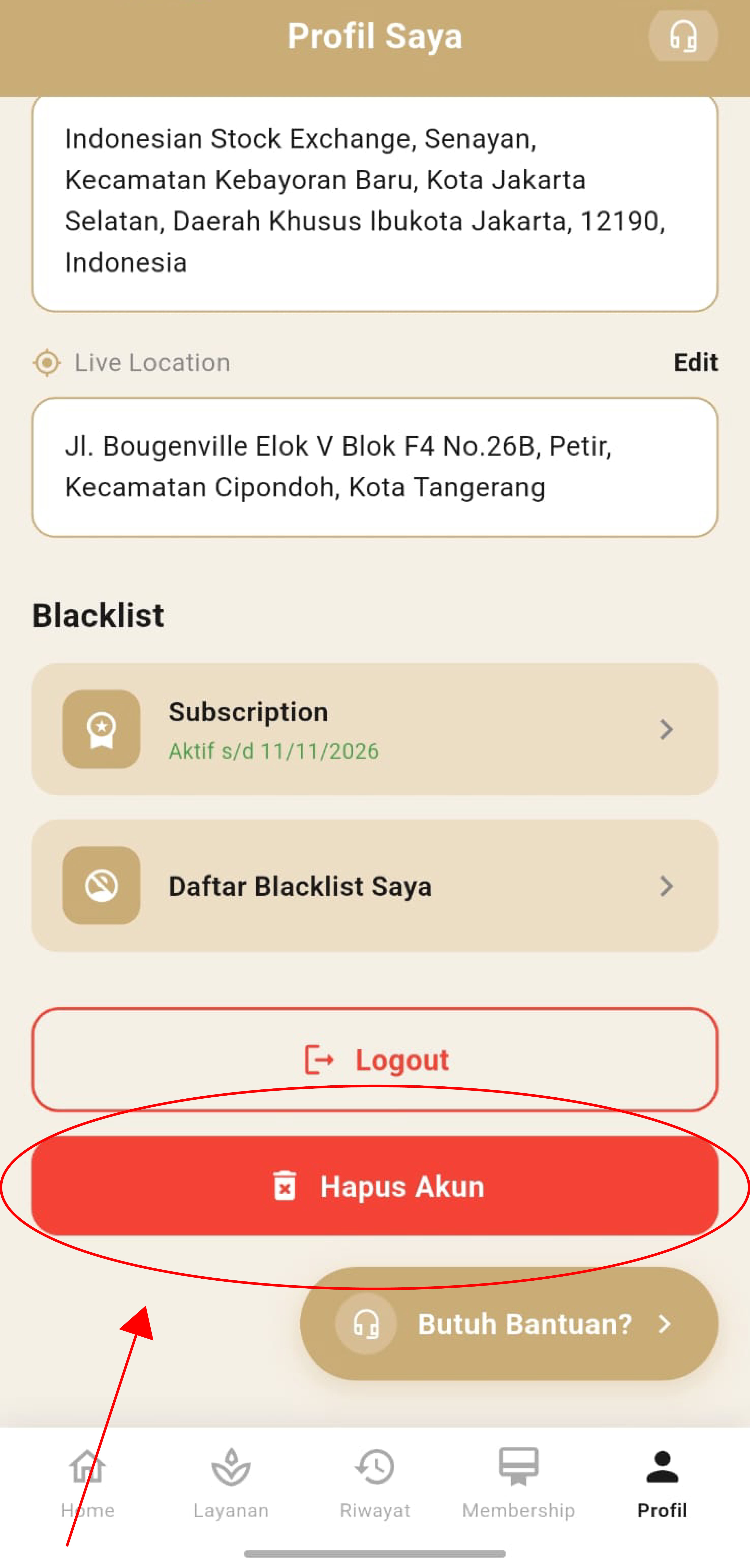 Tombol Hapus Akun di halaman Profil