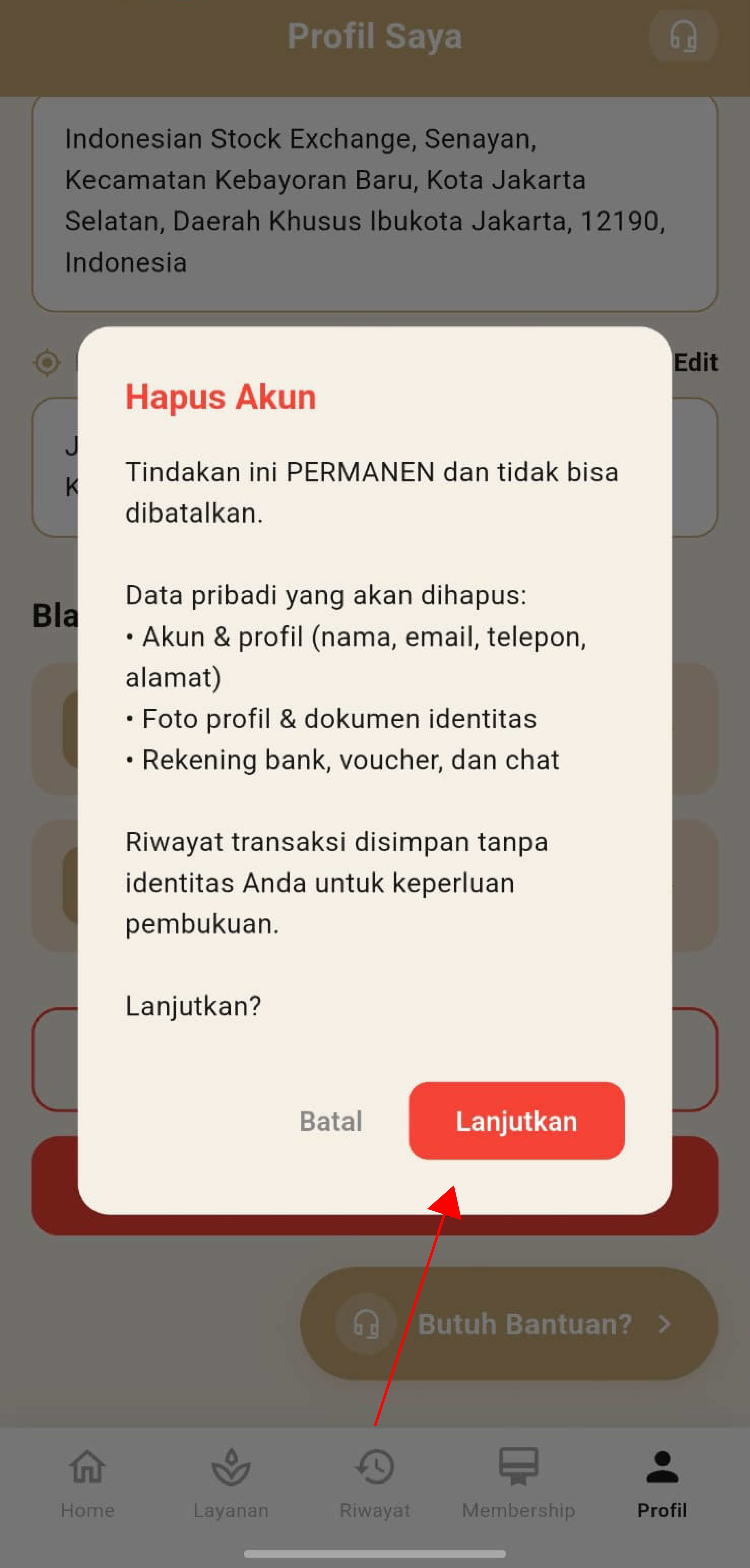 Dialog konfirmasi Hapus Akun