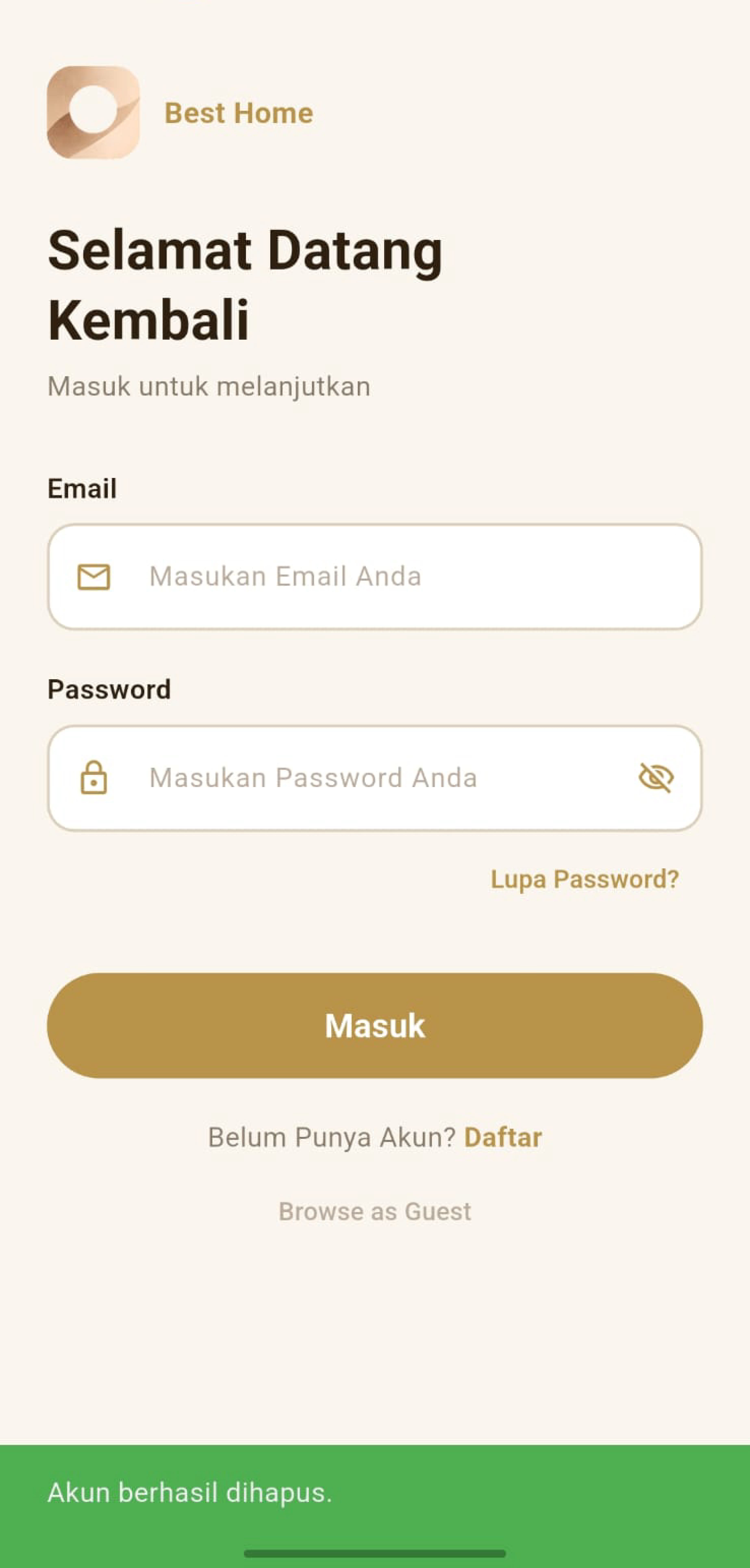 Halaman login — akun berhasil dihapus
